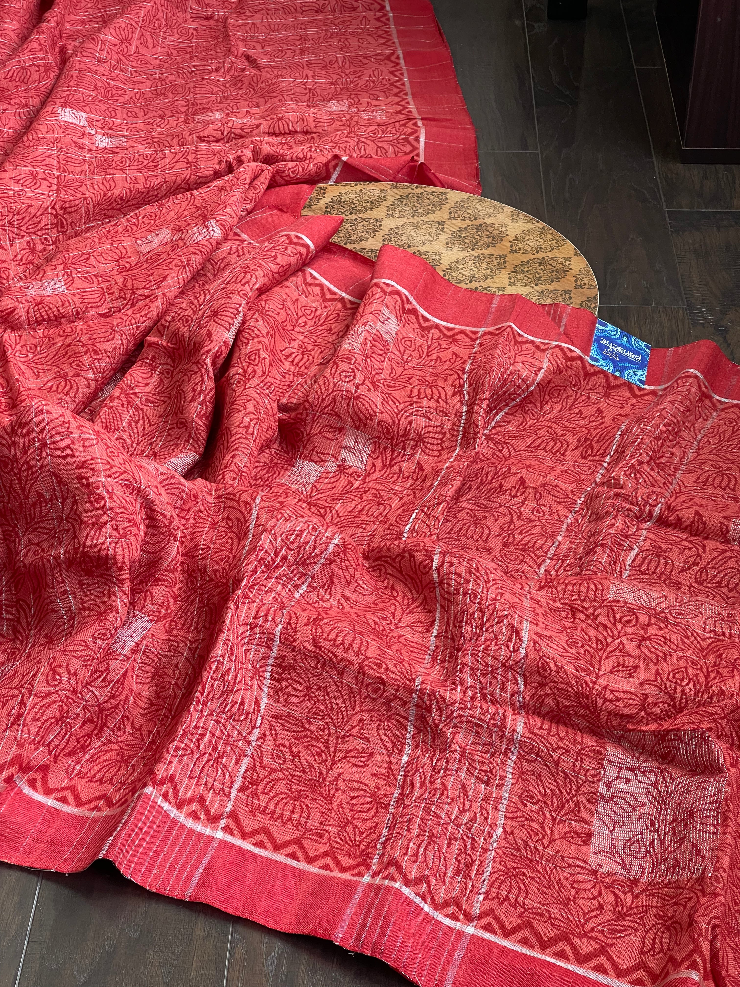Linen Printed - Red Rust Silver Zari
