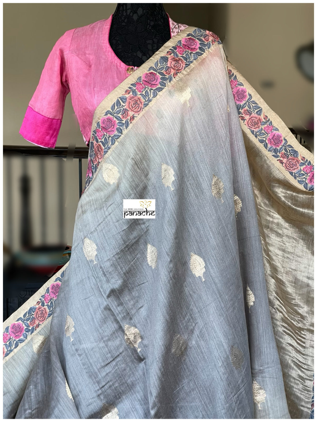 Embroidered Muga Silk - Silver Grey