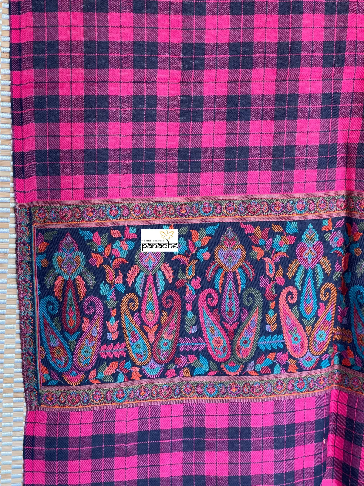 Kashmiri Woven Stole - Pink Black Checkered