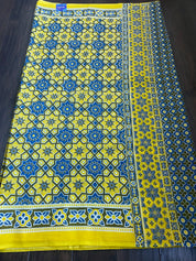 Soft Cotton Ajrakh Saree - Yellow Blue Printed