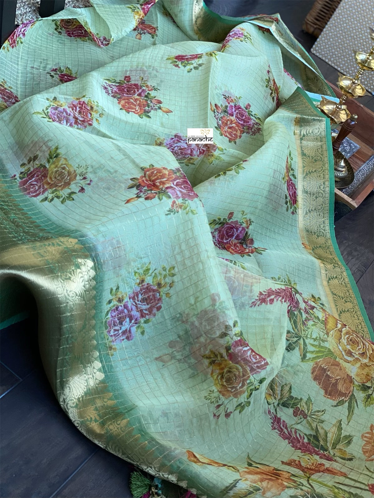 Banarasi Organza Floral - Lime-green Golden Zari Checks