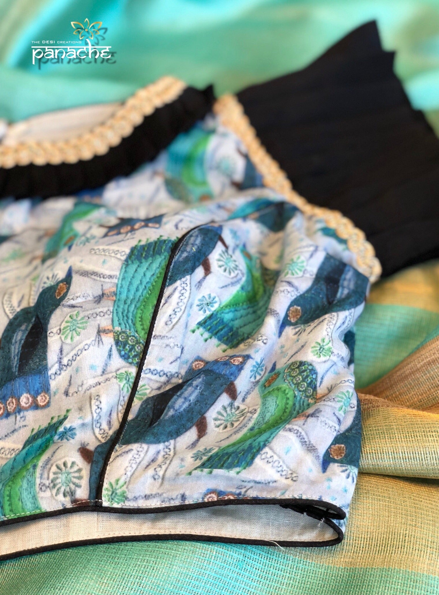 Designer Blouse - Sea Green Bird Design
