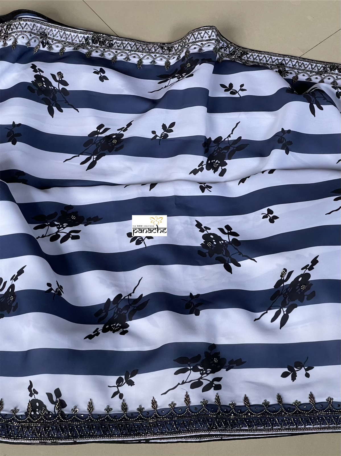 Designer Georgette- White Blue Black