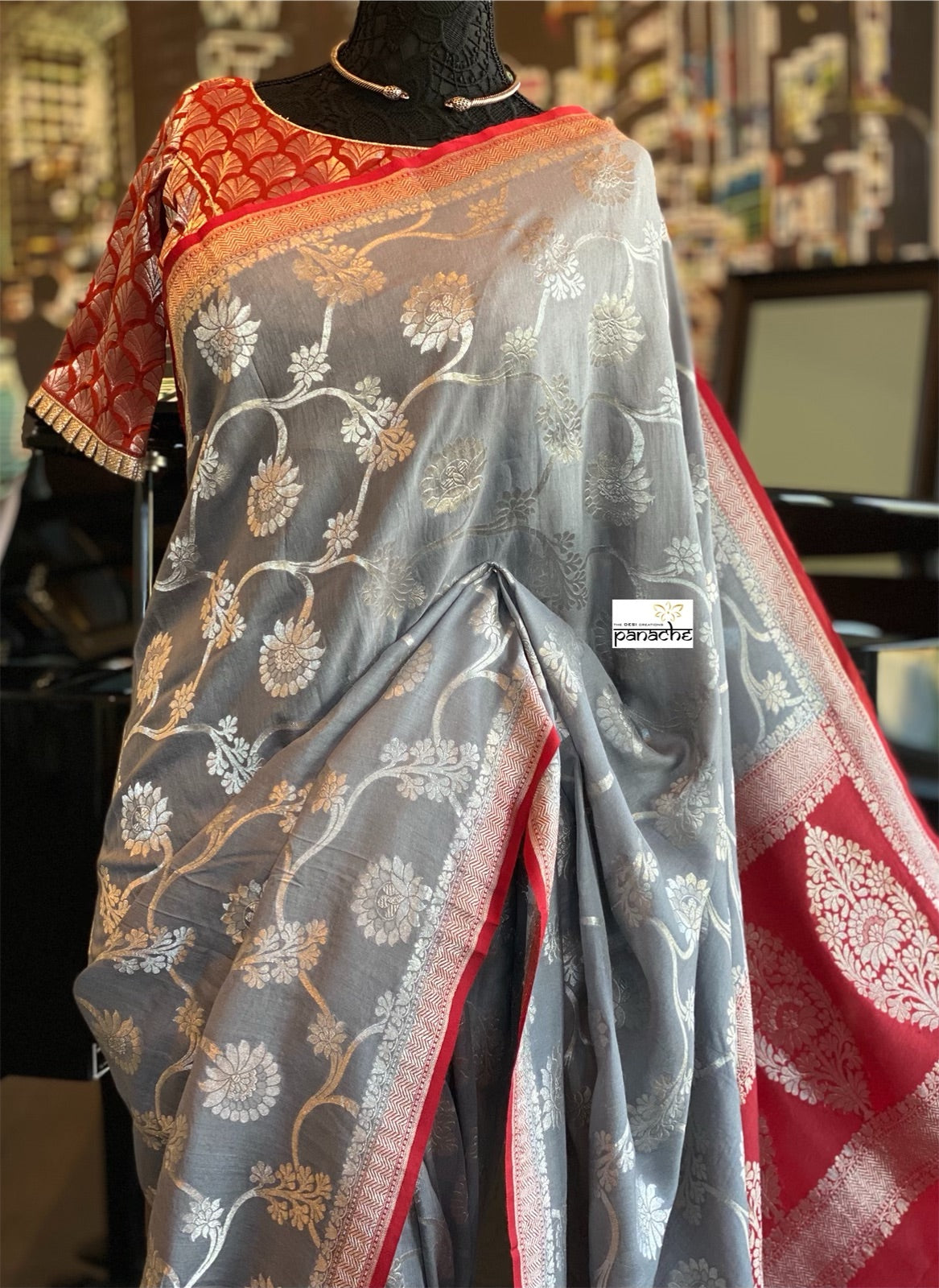 Muga Silk Banarasi - Grey Red Silver Zari