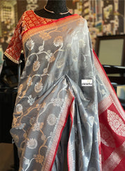 Muga Silk Banarasi - Grey Red Silver Zari
