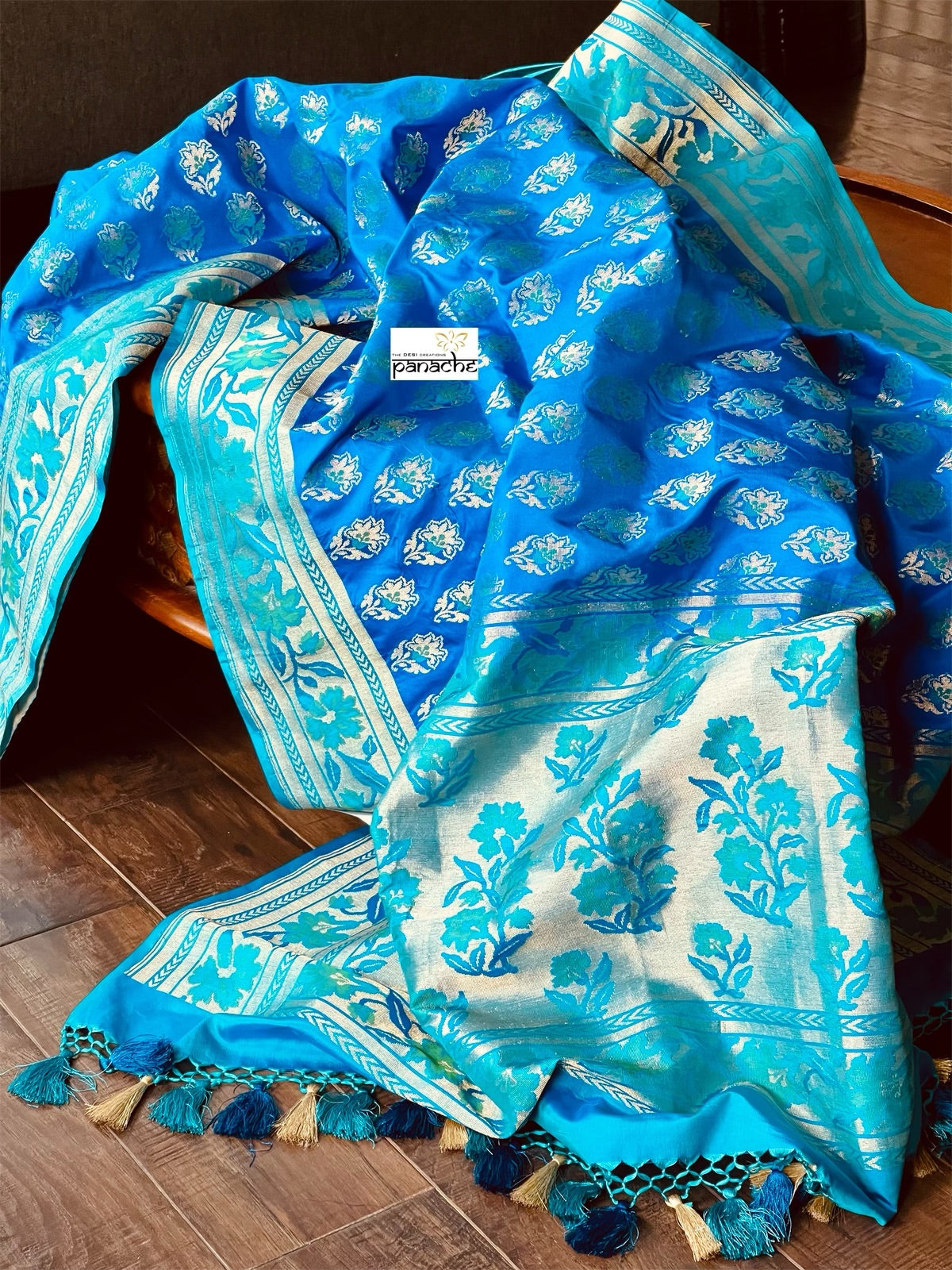 Pure Katan Silk Banarasi - Royal Blue Firozi Antique Zari