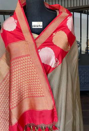 Pure Silk Katan Banarasi - Sage Green Grey Checks Kadwa Paisley