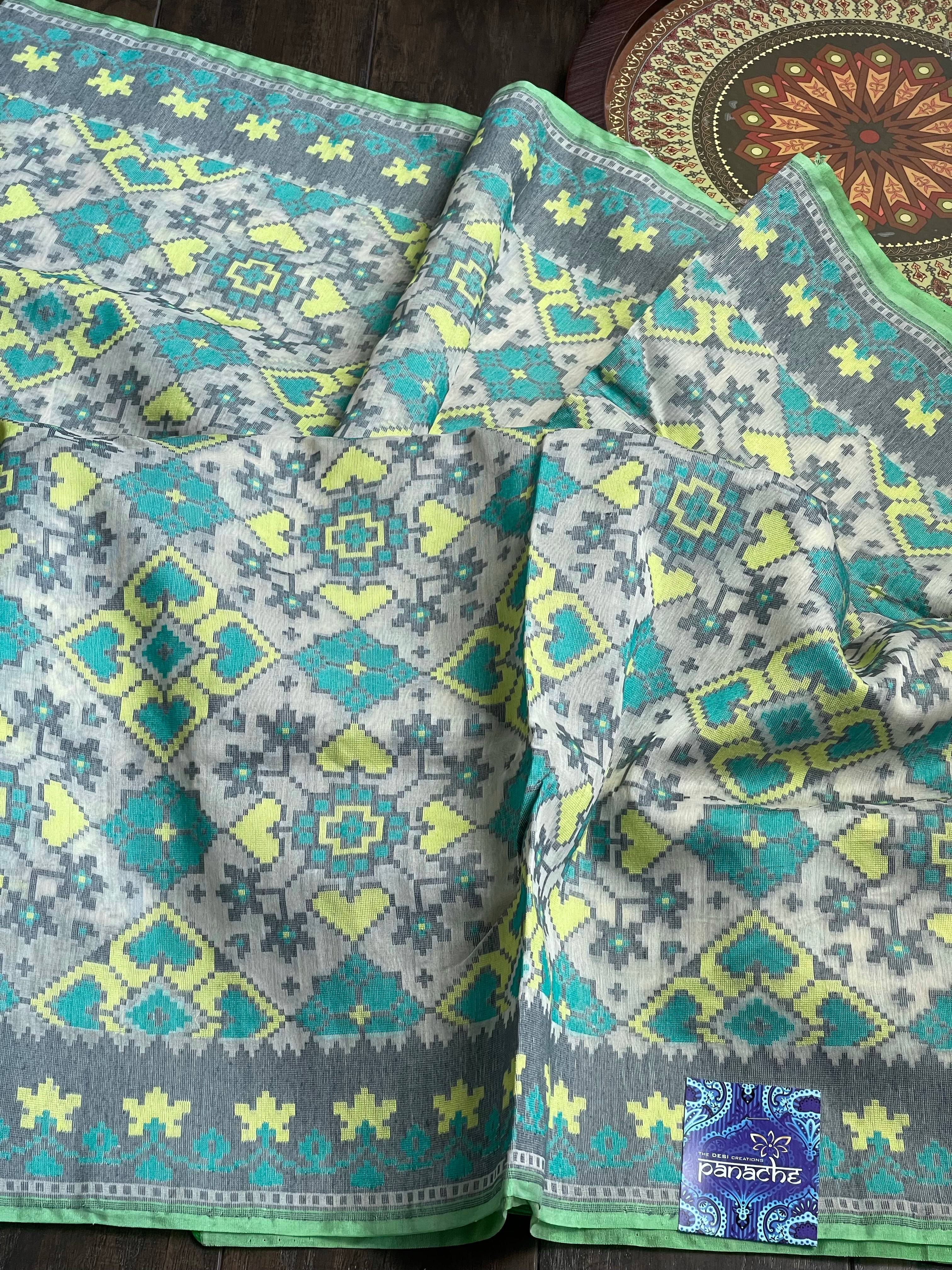 Pure Silk Cotton Kora Patola Banarasi - Offwhite Grey Green Woven