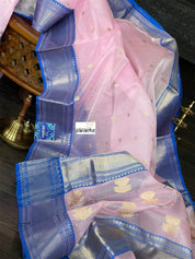 Pure Chanderi Organza Silk - Baby Pink Blue Eknaliya