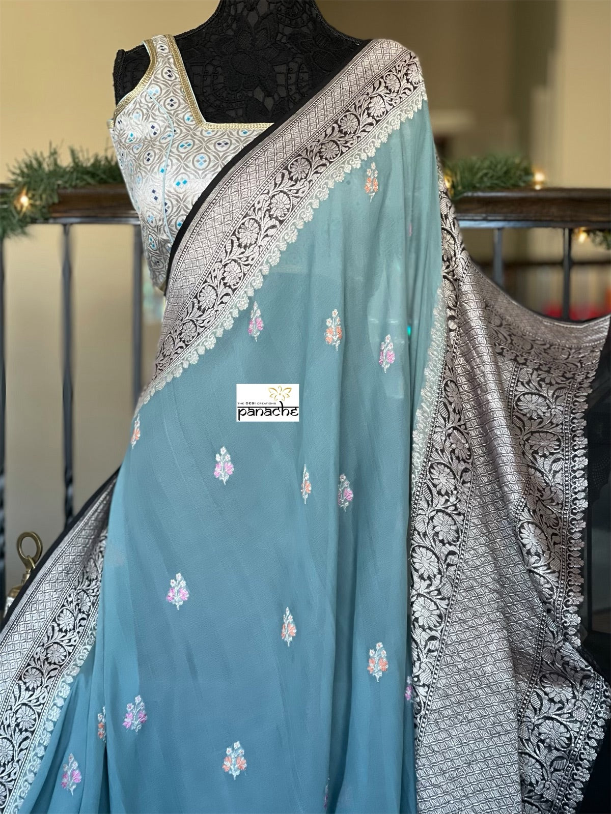 Designer Blouse - Off white Silver Antique Zari