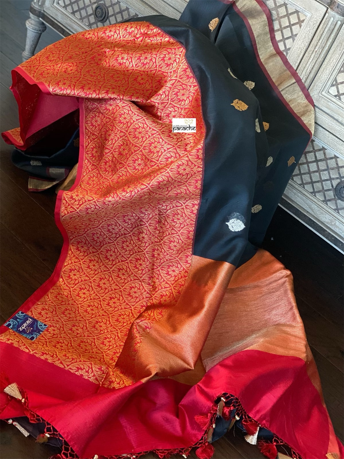 Linen by Tussar Silk Banarasi - Black Red