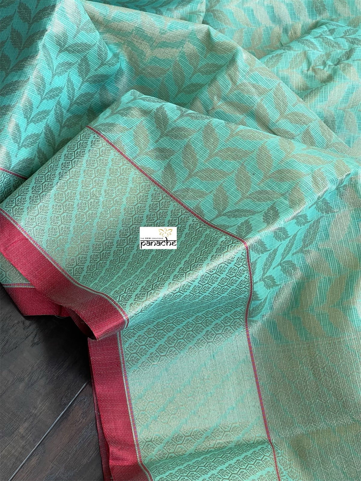 Cotton Silk Banaras Chanderi - Sea-Green Red Woven