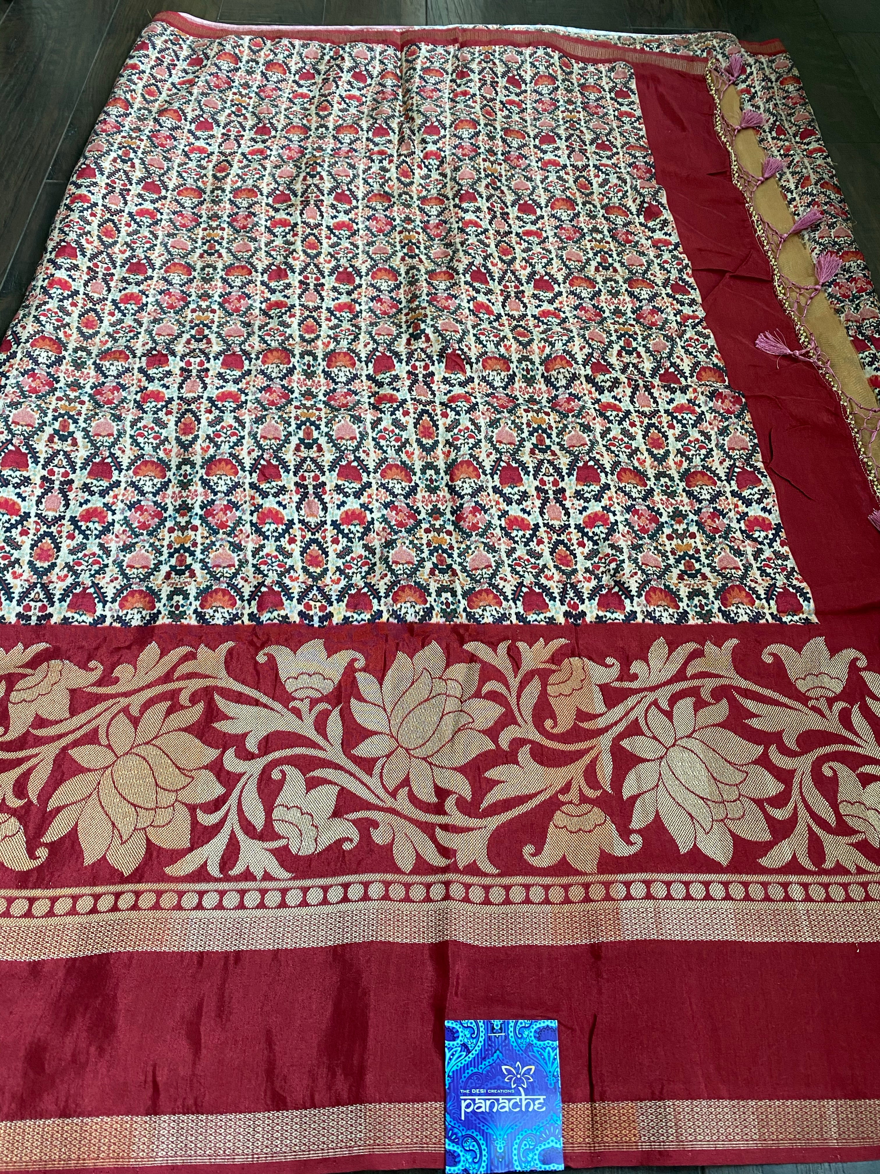 Designer Crepe Silk  - Offwhite Maroon