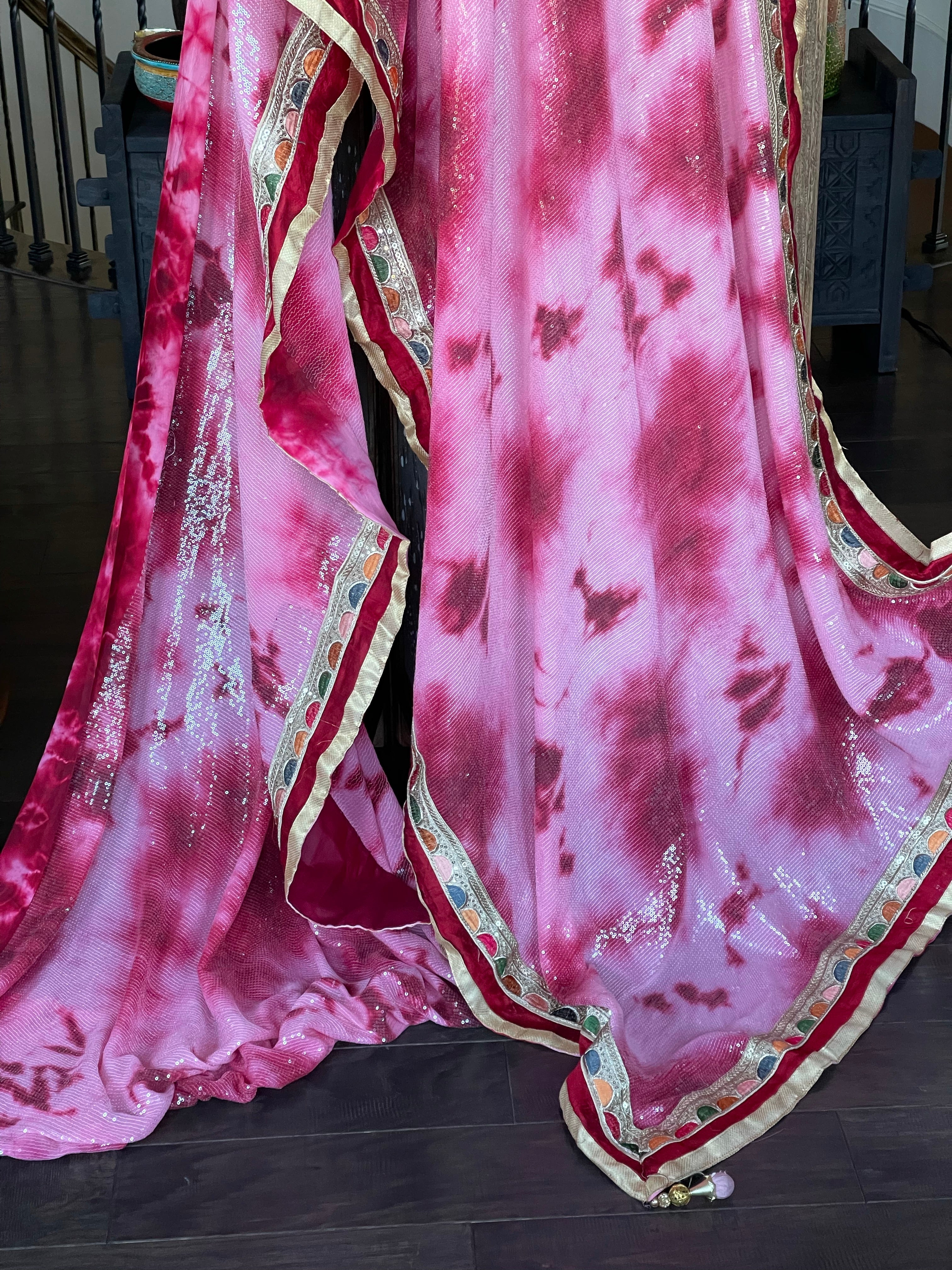 Designer Georgette Sequin Saree - Pink Raspberry red Tie Dye