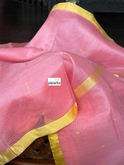 Pure Chanderi Organza Silk - Pink Yellow Checkered
