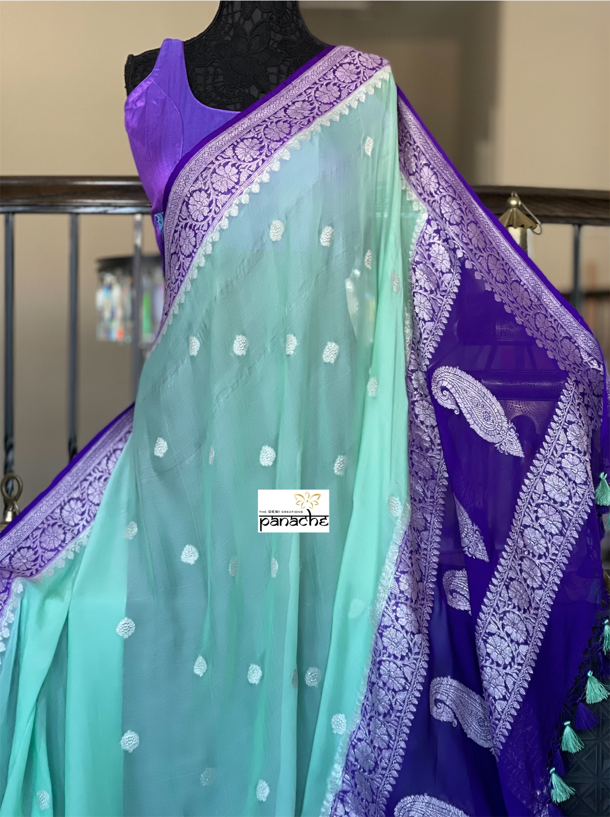 Chiffon Georgette Silk Banarasi - Mint Green Purple Silver Zari