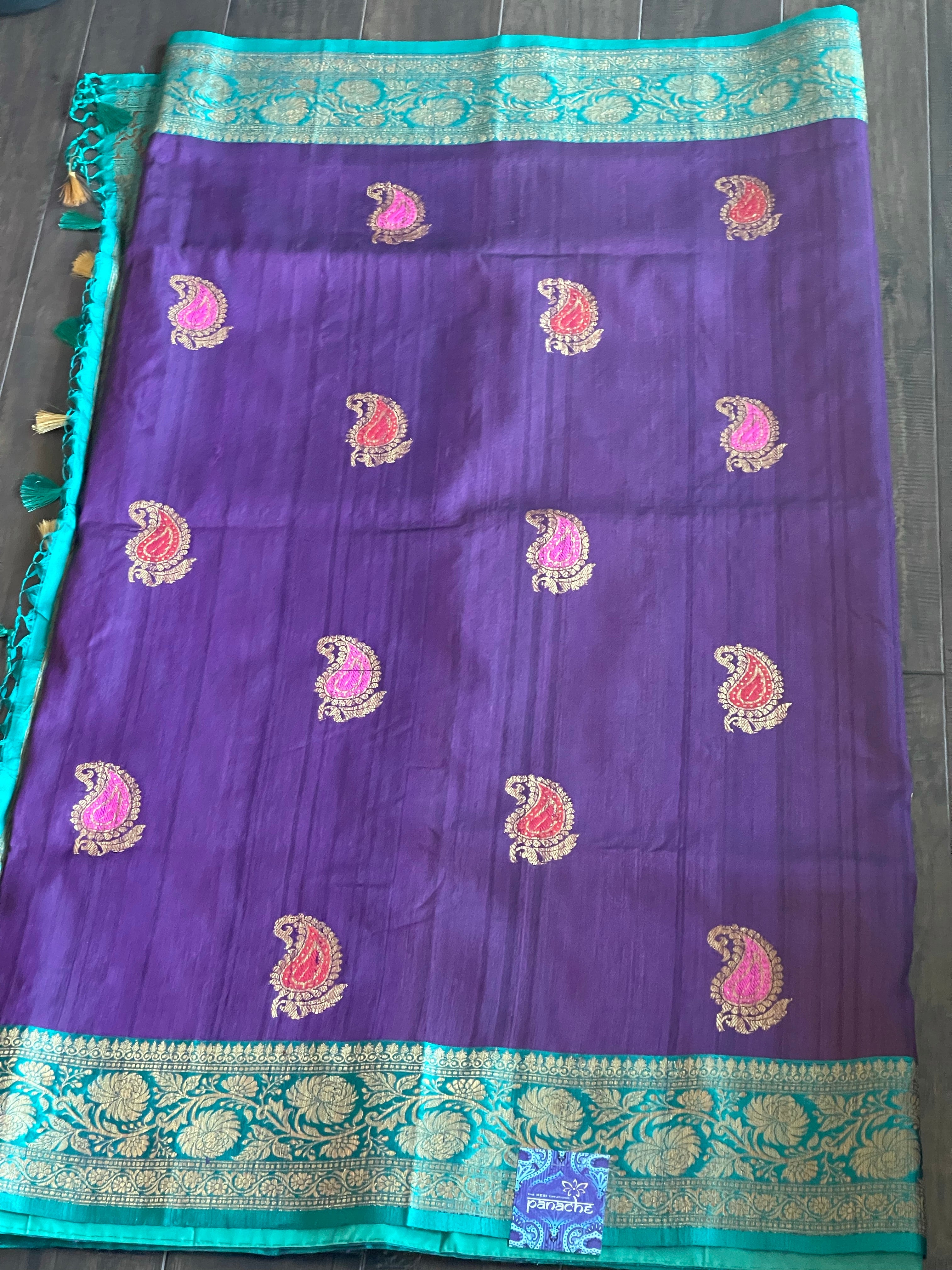 Tussar Silk Banarasi - Purple Firozi Meenakari