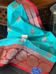 Katan Silk Banarasi - Aqua Sea-green Red