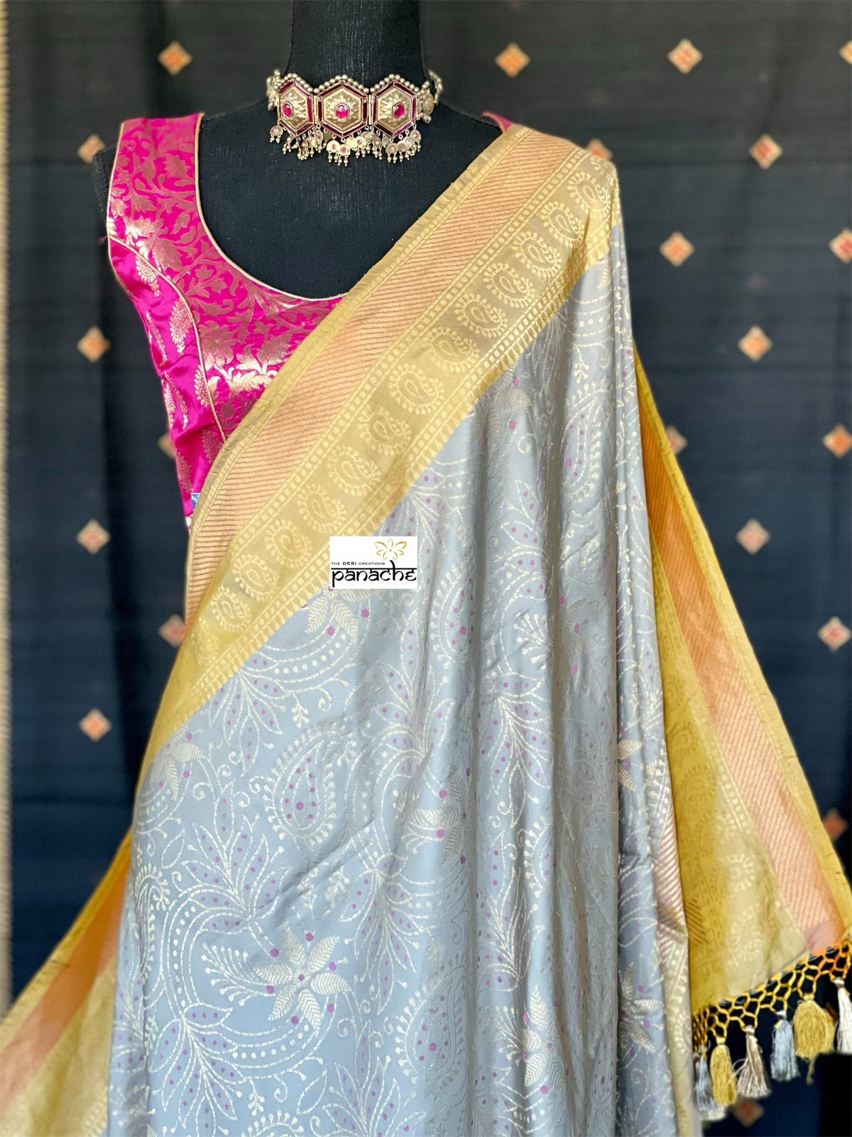 Katan Silk Banarasi - Grey Ochre Yellow