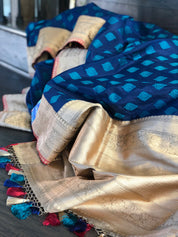 Pure Katan Silk Banarasi - Blue Firozi Antique Zari