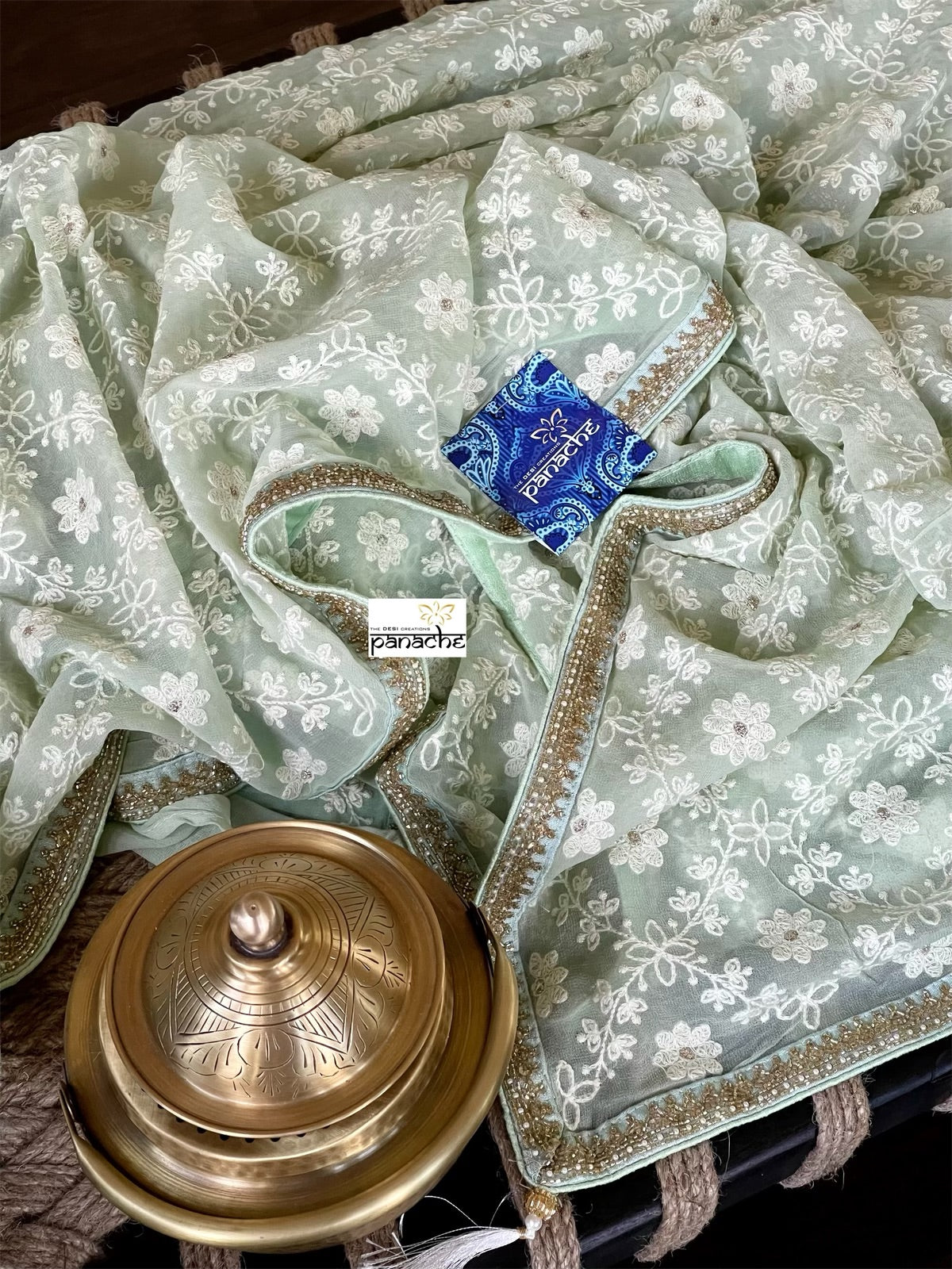 Designer Georgette Chikankari - Pista Green