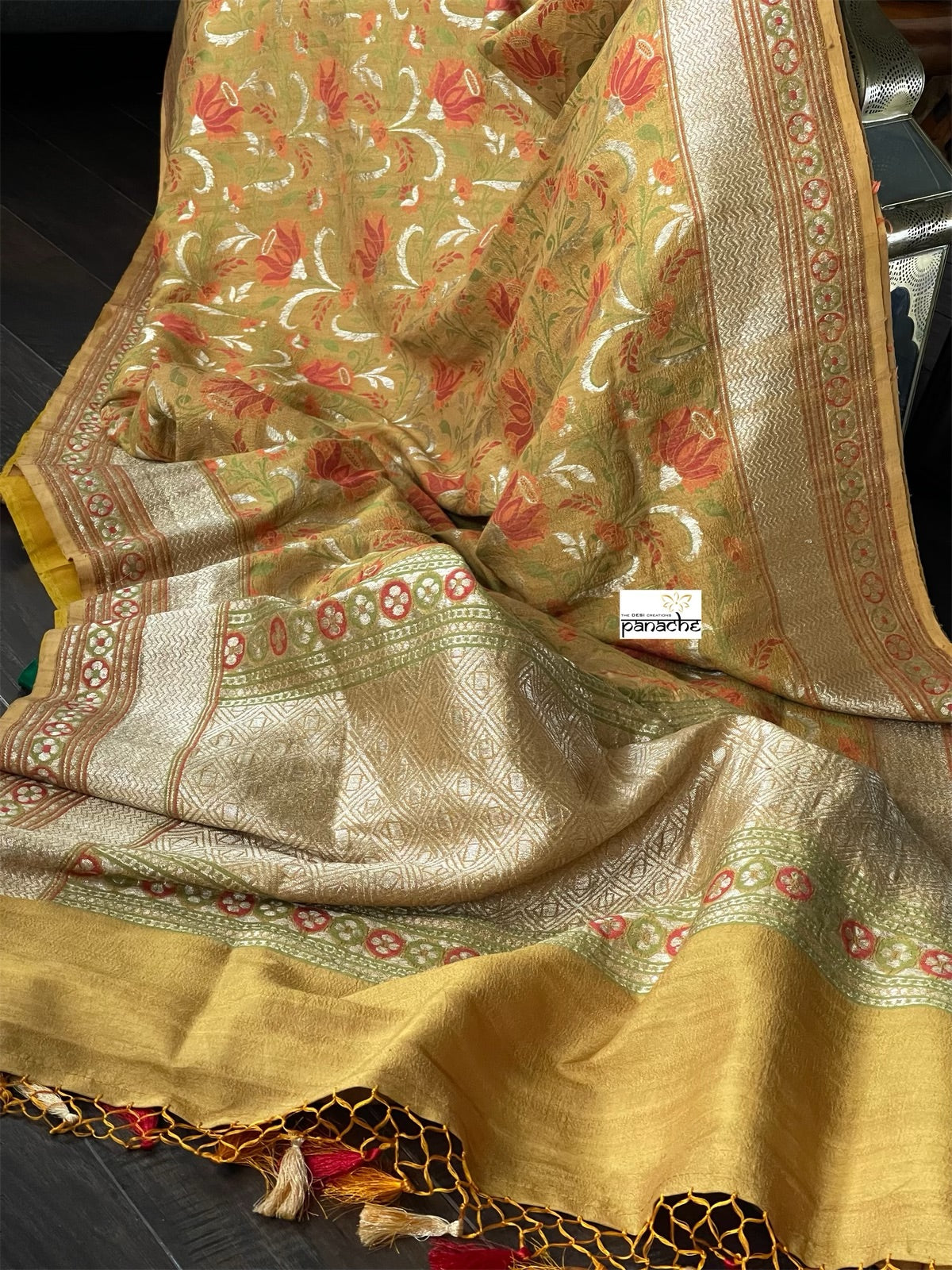 Tussar Georgette Banarasi - Ochre Yellow Green Kadwa