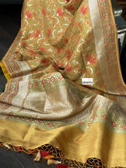 Tussar Georgette Banarasi - Ochre Yellow Green Kadwa