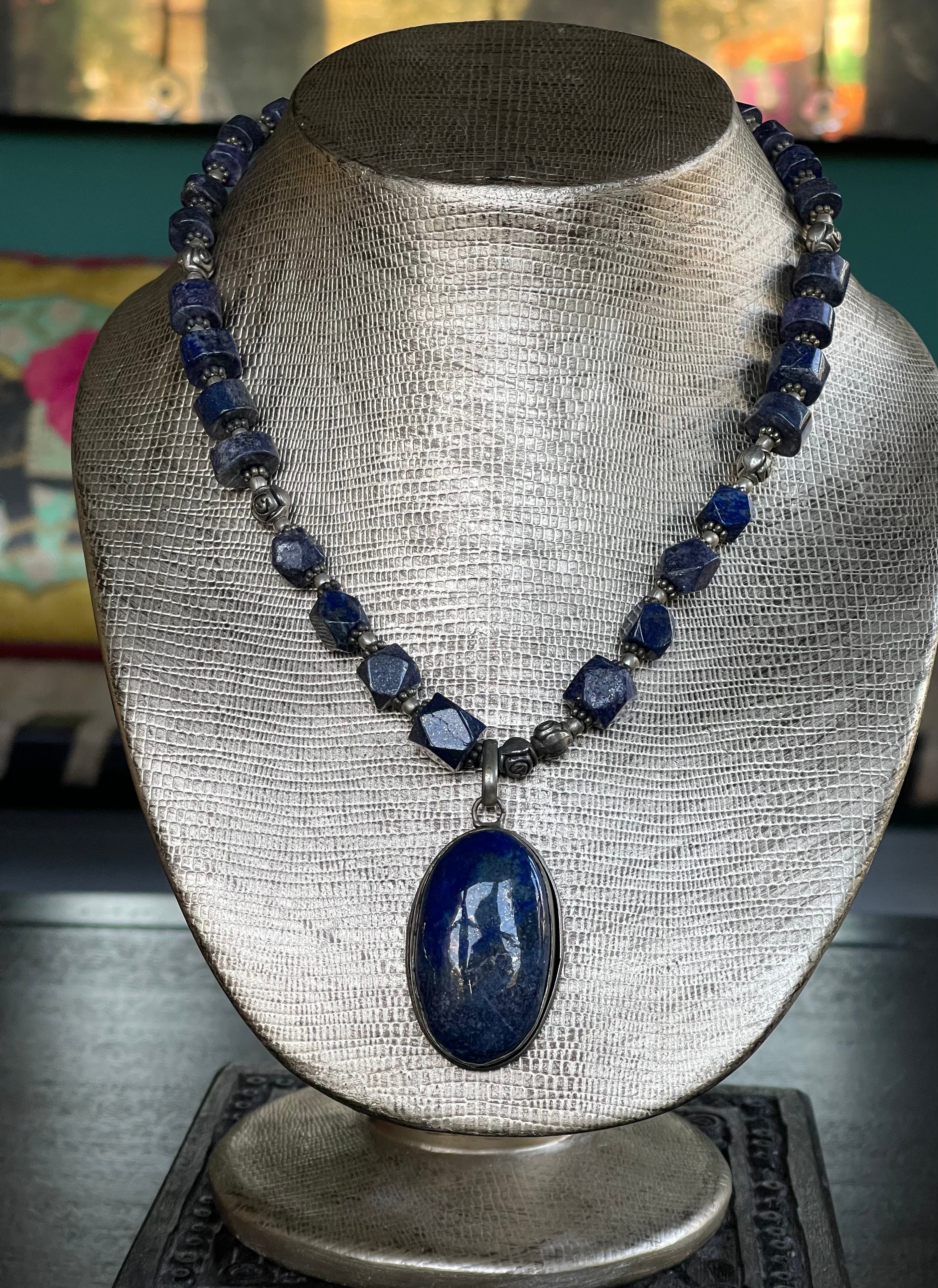 Vintage Jewelry Necklace - German Silver Lapis