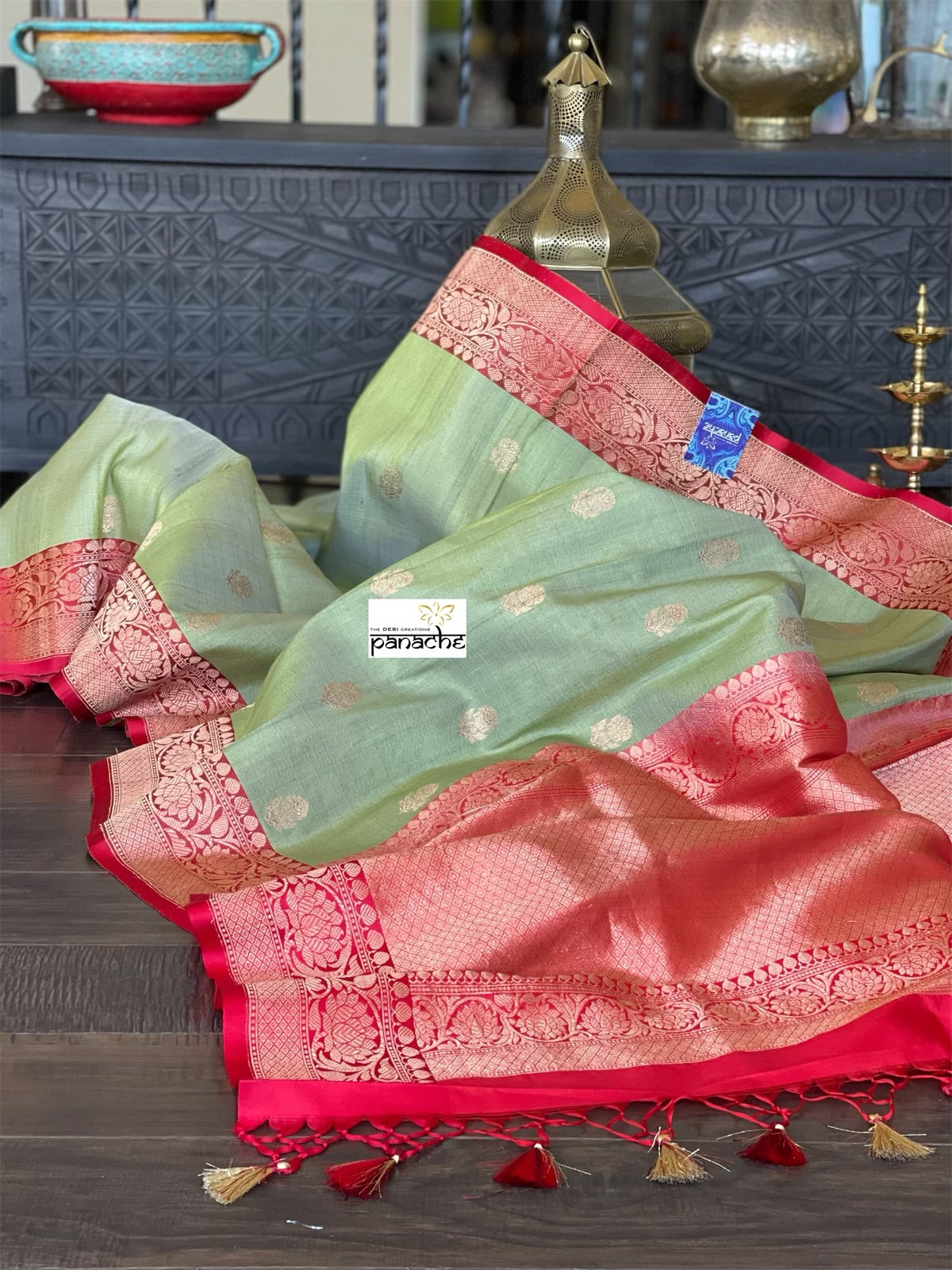 Tussar Silk Banarasi - Green Red