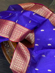Pure Chanderi Organza Silk - Purplish Blue Red