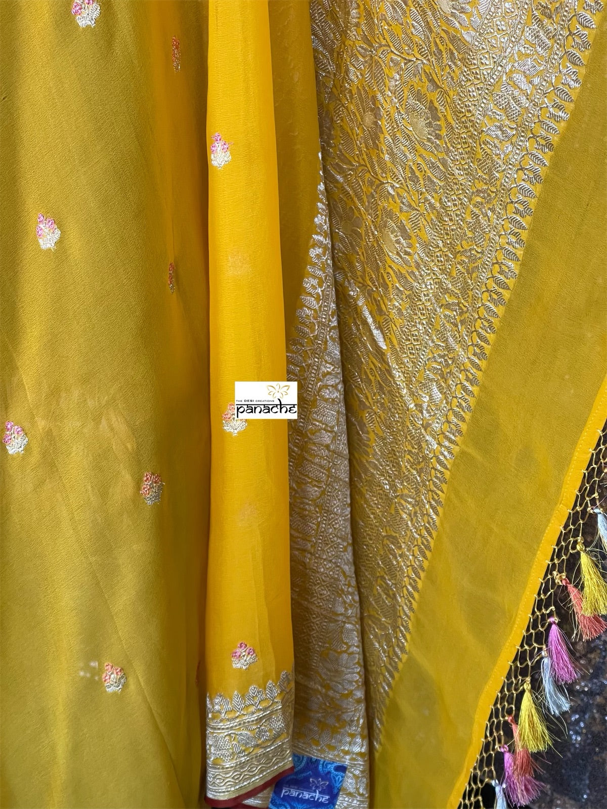 Khaddi Georgette Banarasi - Yellow Red Khadhua Woven