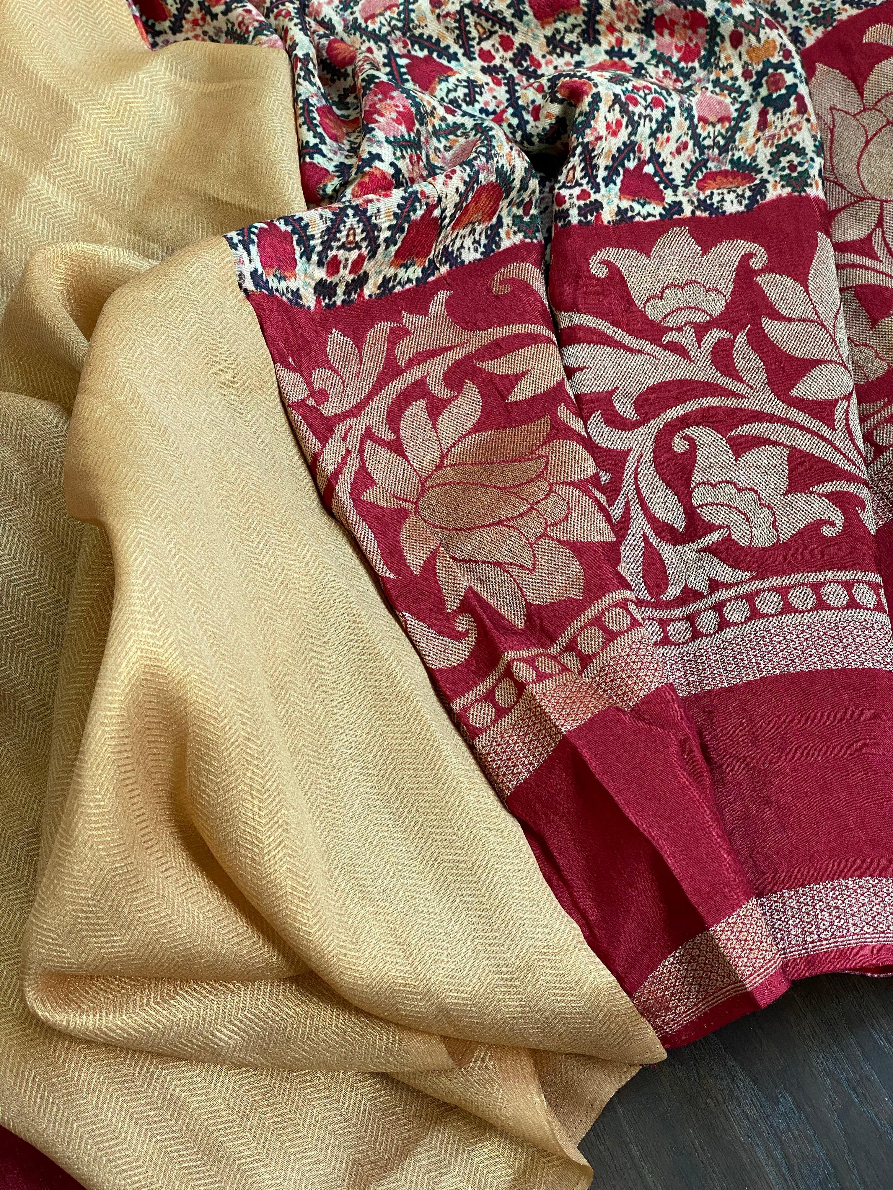 Designer Crepe Silk  - Offwhite Maroon