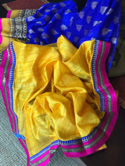 Designer Tussar Silk - Yellow Blue Half Half