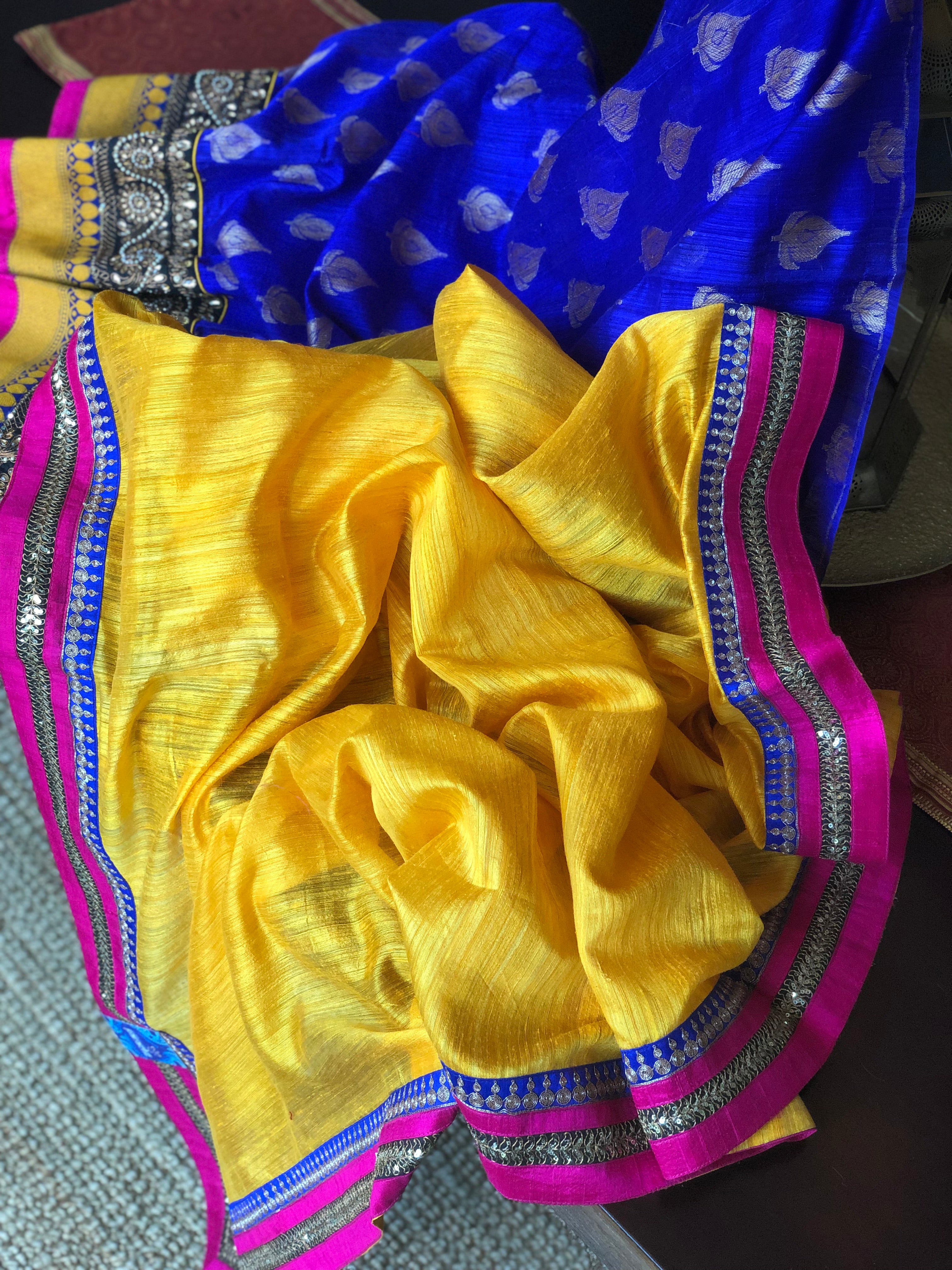 Designer Tussar Silk - Yellow Blue Half Half