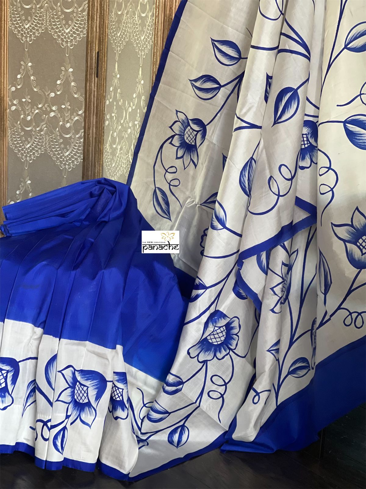 Pure Vishnupur Silk - Royal Blue Kalamkari Hand Painted