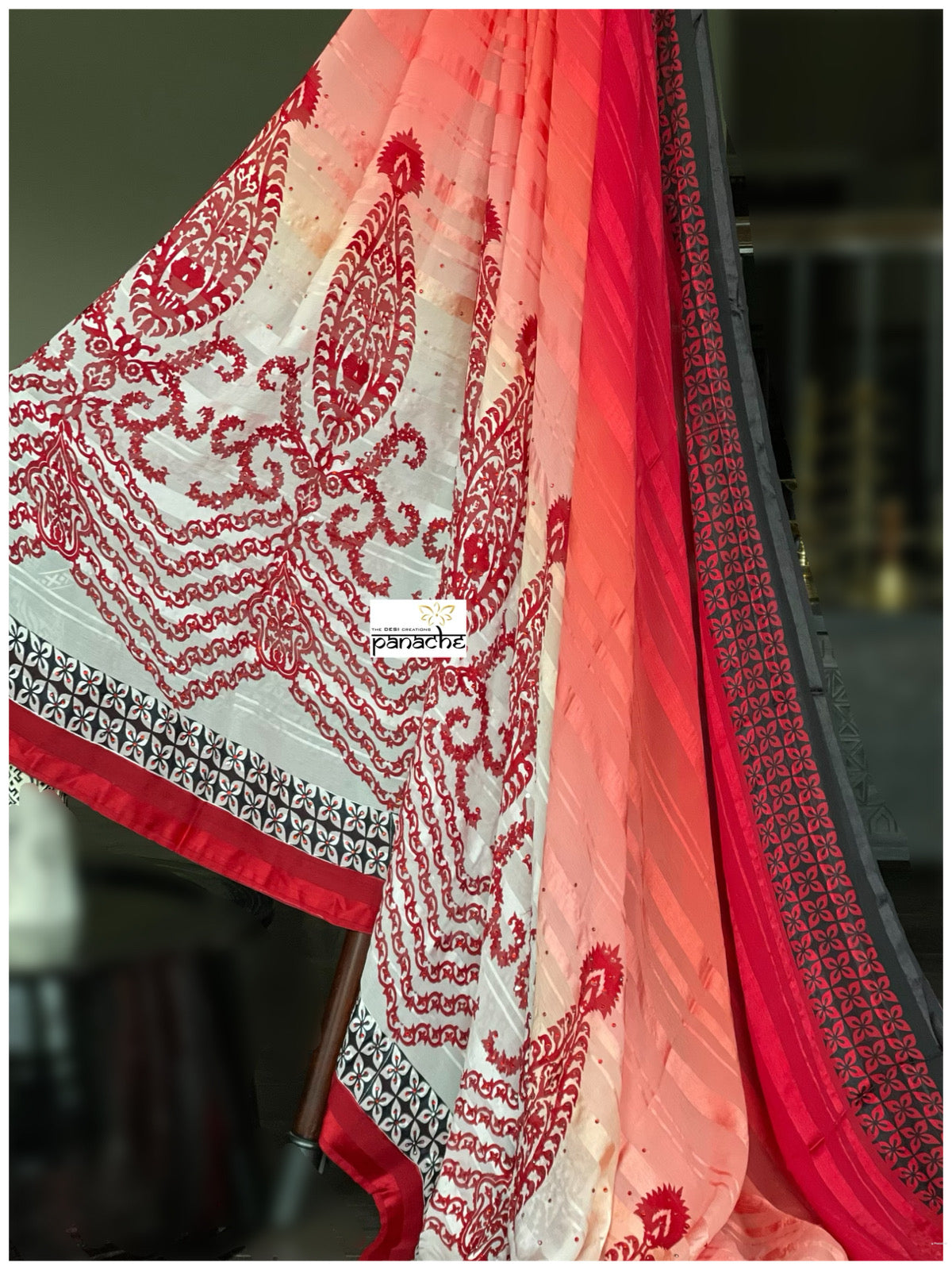 Designer Georgette Silk - Black Red Chiffon