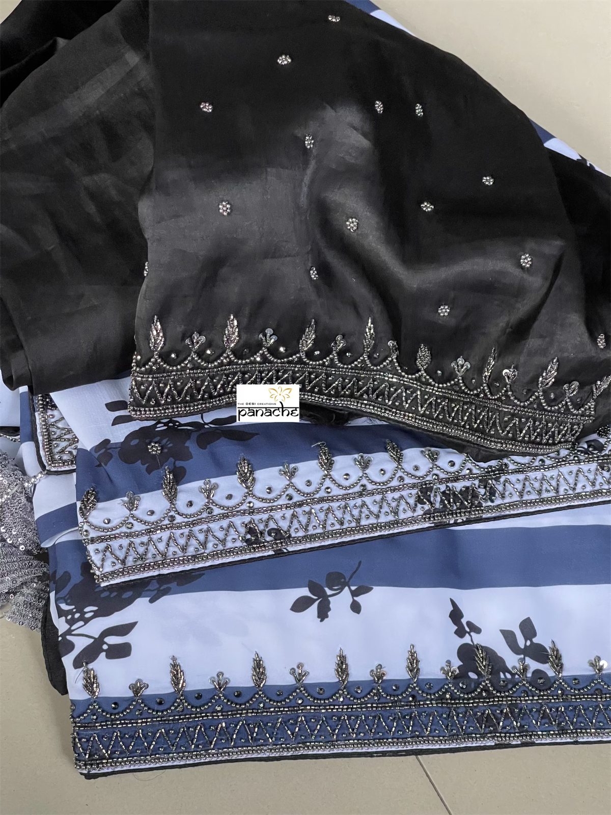 Designer Georgette- White Blue Black