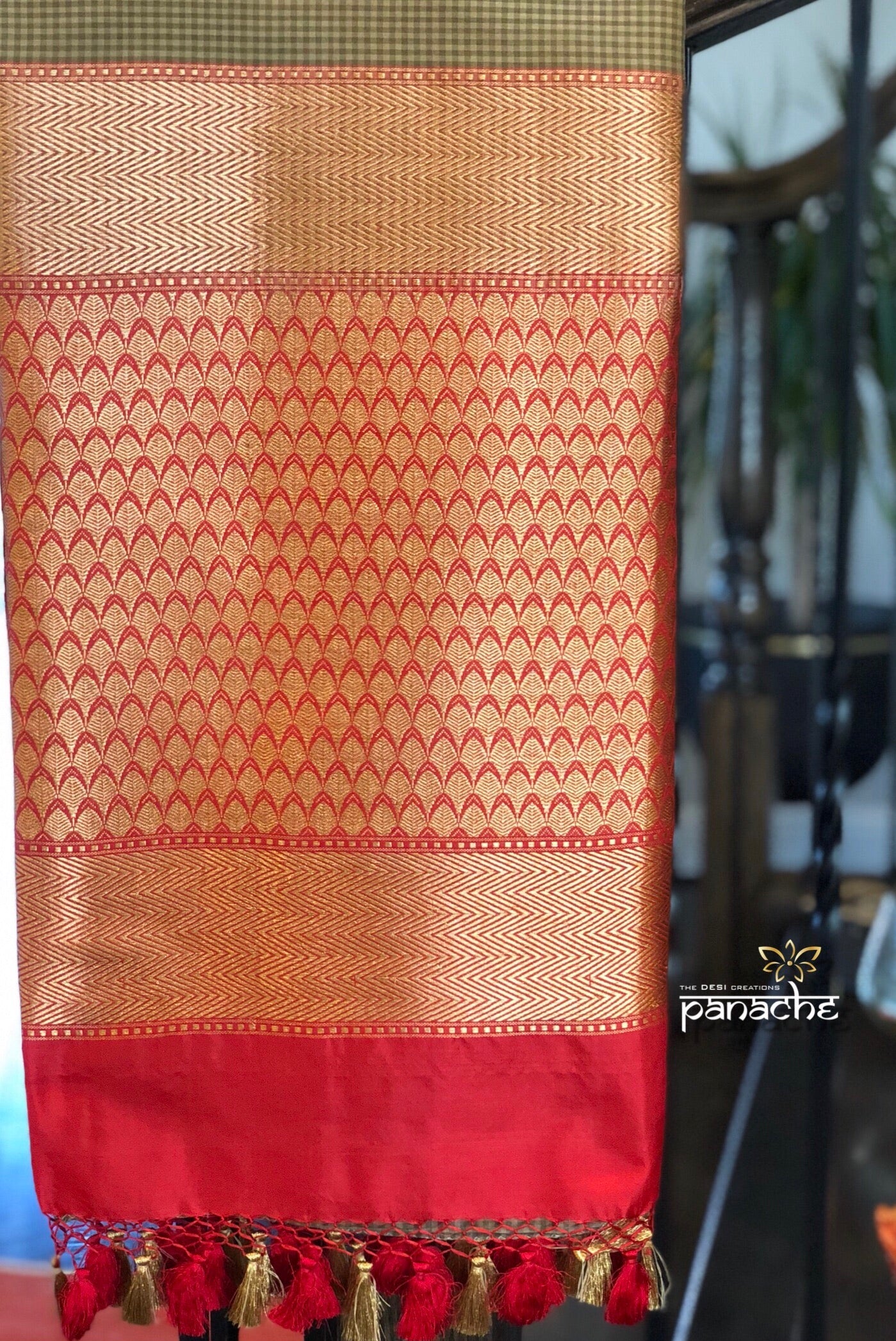 Pure Silk Katan Banarasi - Sage Green Grey Checks Kadwa Paisley