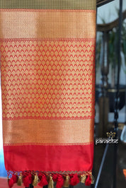 Pure Silk Katan Banarasi - Sage Green Grey Checks Kadwa Paisley