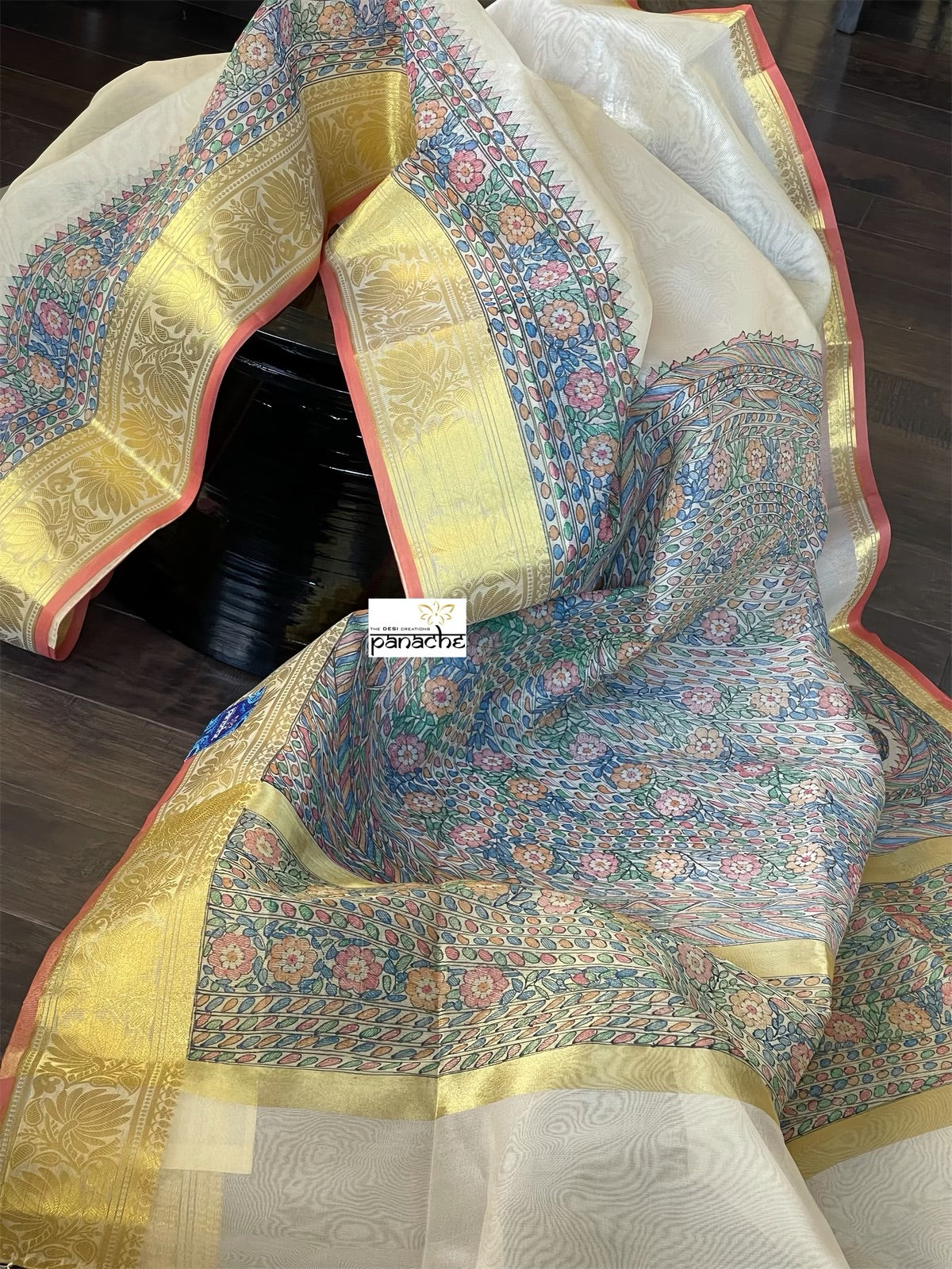 Kora Silk Banaras - Beige Madhubani Printed