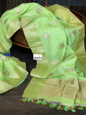 Pure Malmal Cotton Banarasi - Pista Green Kadwa Zari Woven