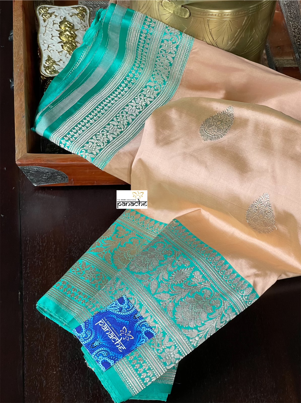 Pure Katan Silk Banarasi - Peach Sea-Green