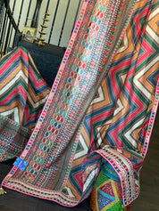 Satin Maslin Silk Printed - Beige Multi color Chevron