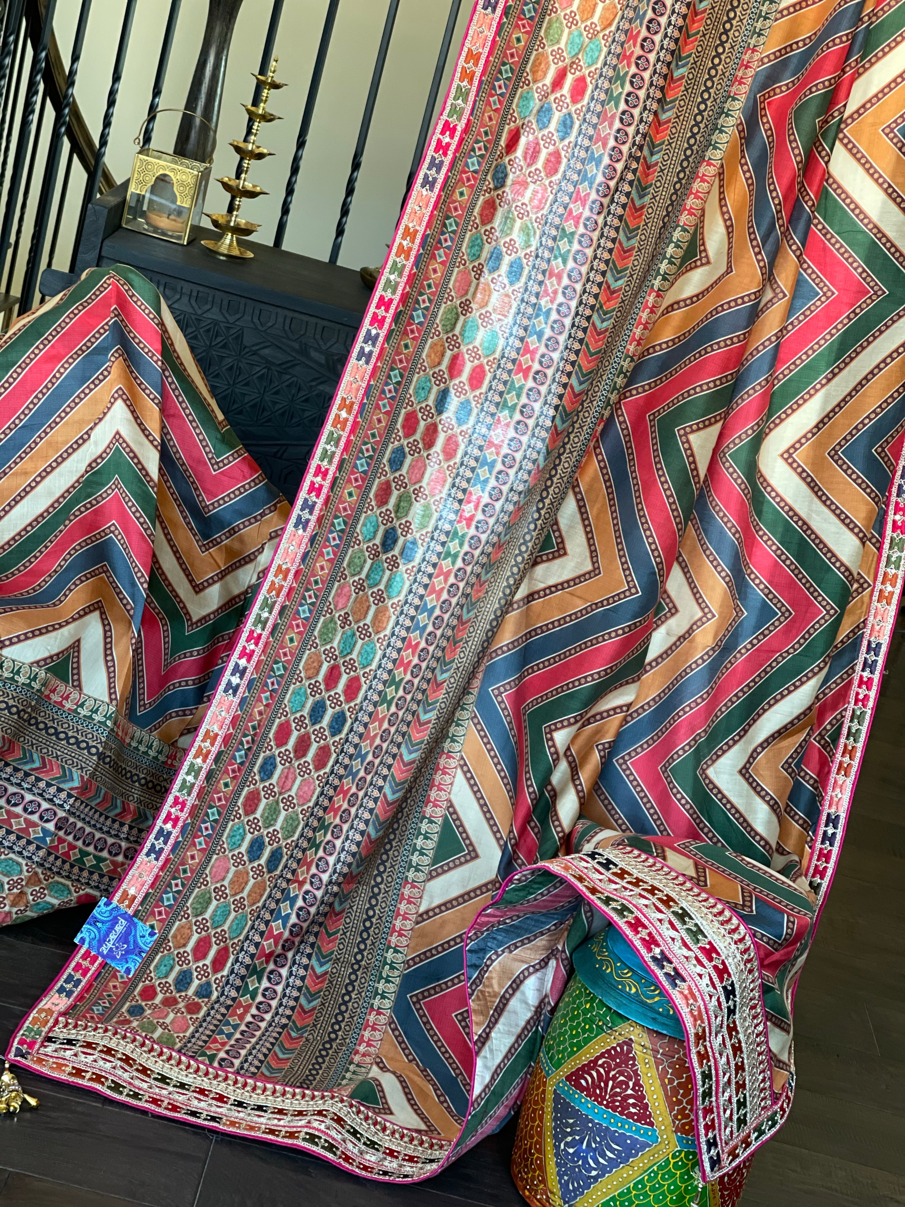 Satin Maslin Silk Printed - Beige Multi color Chevron