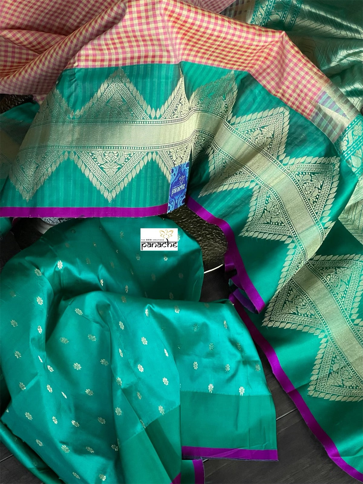 Pure Silk Katan Banarasi - Yellow Sea Green Checkered