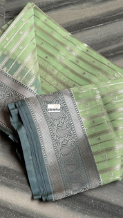 Kora Silk Banaras Chanderi - Pista Green Grey