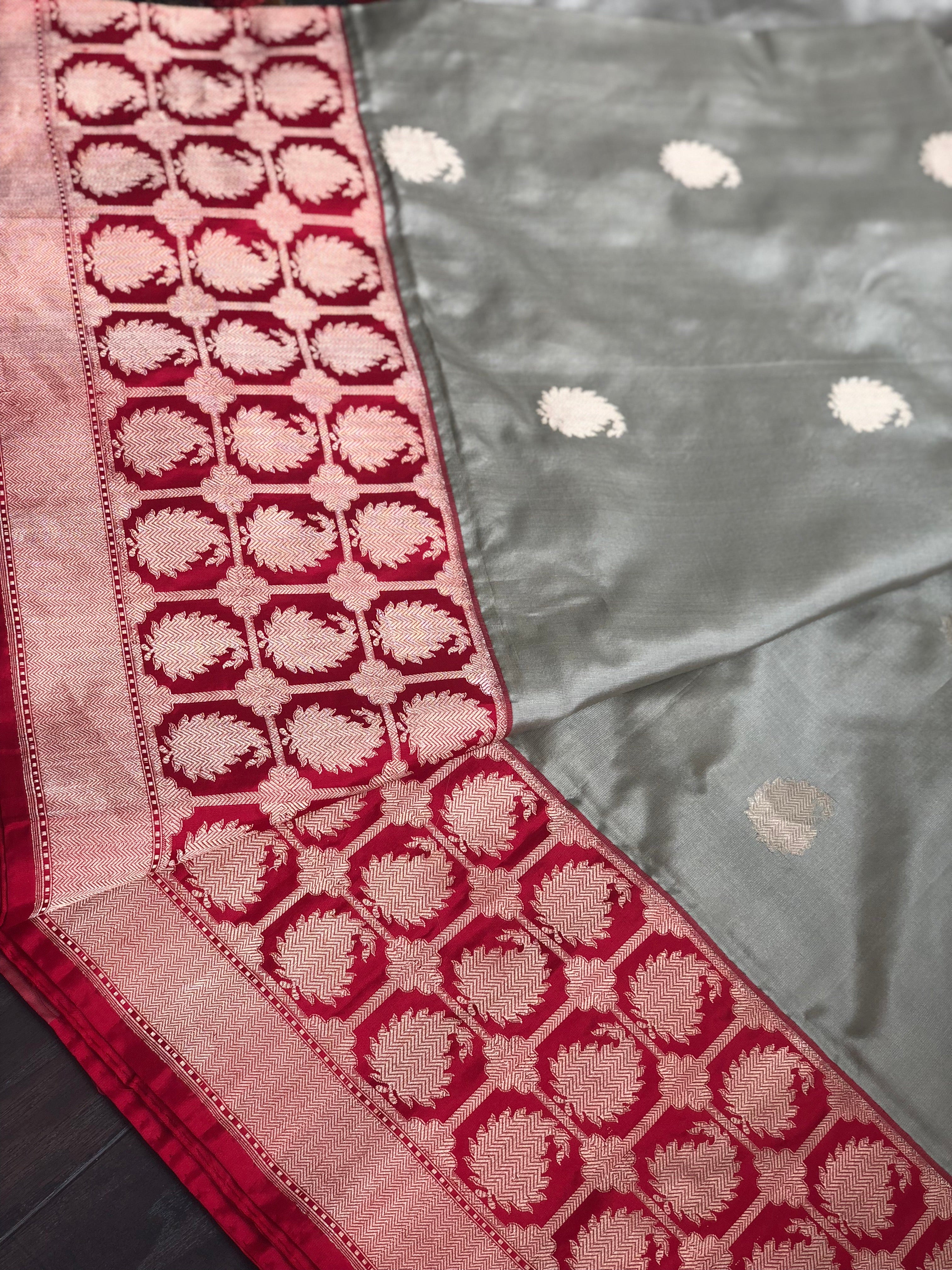 Pure Katan Silk Banarasi - Grey Red