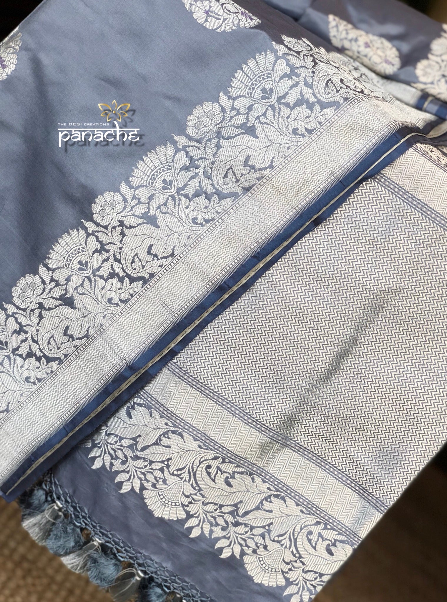 Pure Katan Silk Banarasi - Bluish Grey Meenakari Kadwa
