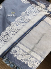 Pure Katan Silk Banarasi - Bluish Grey Meenakari Kadwa