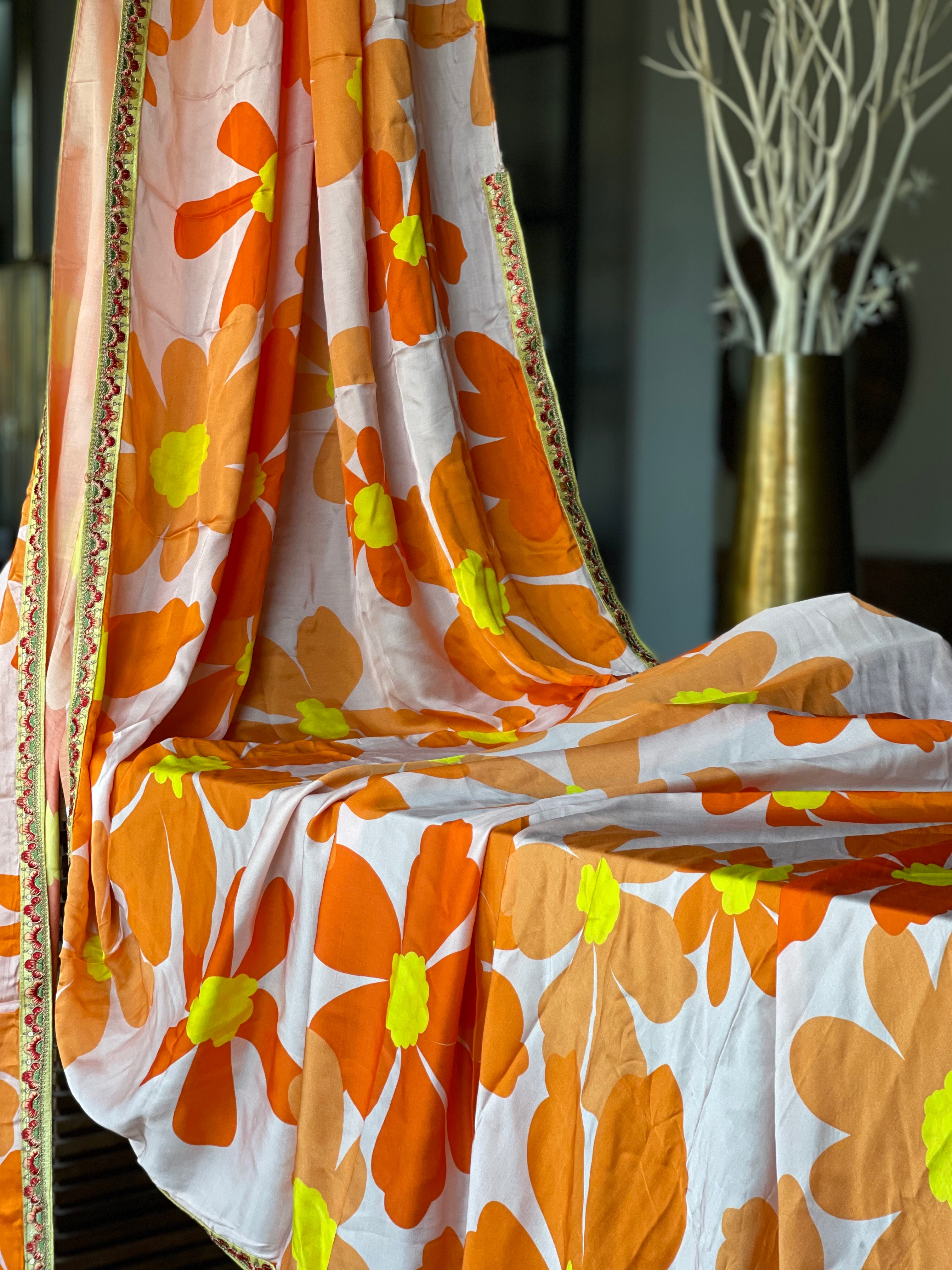 Designer Satin Maslin Silk - Light Peach Pink Yellow